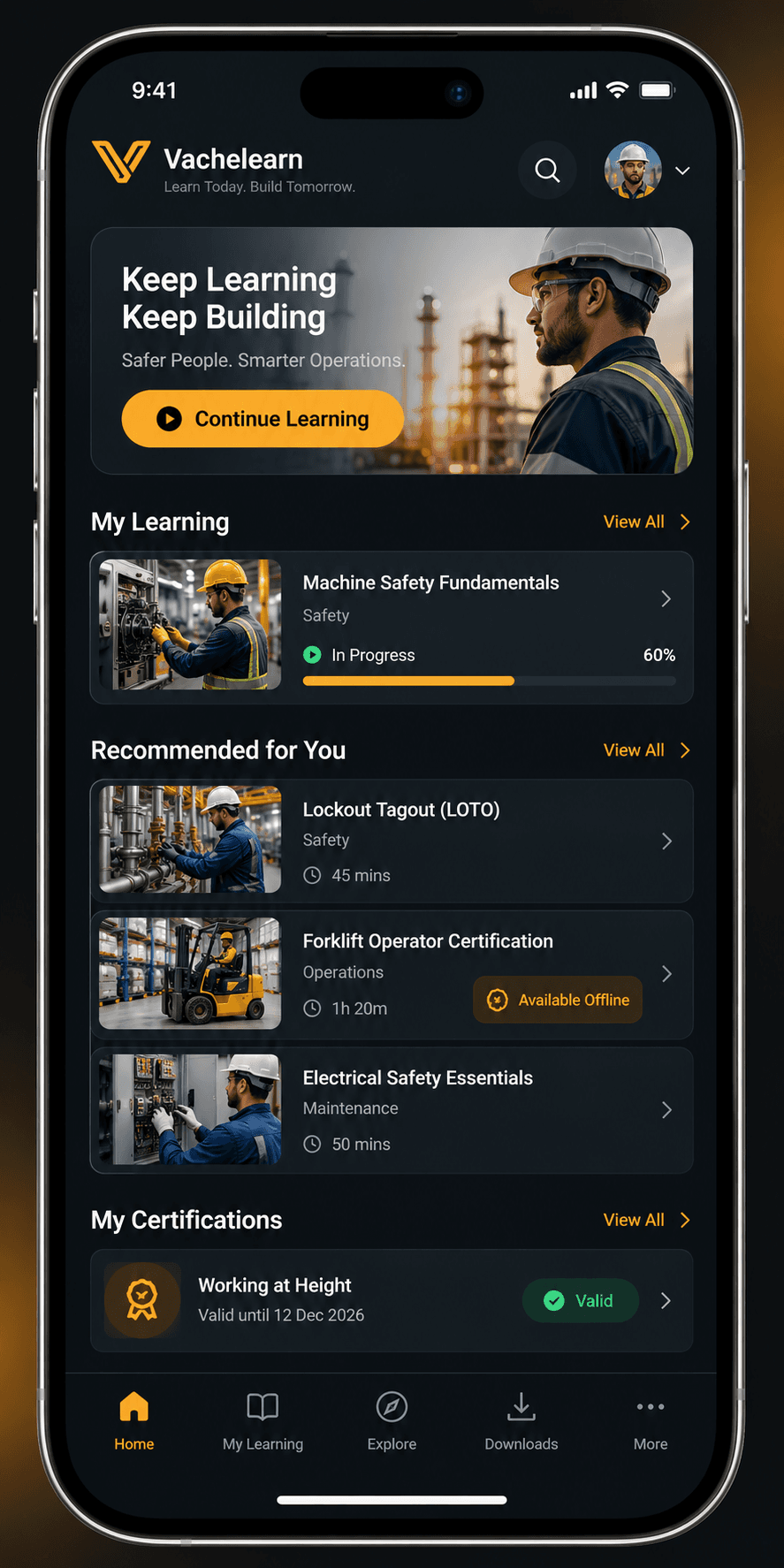 VacheLearn mobile course player showing an offline-available training module