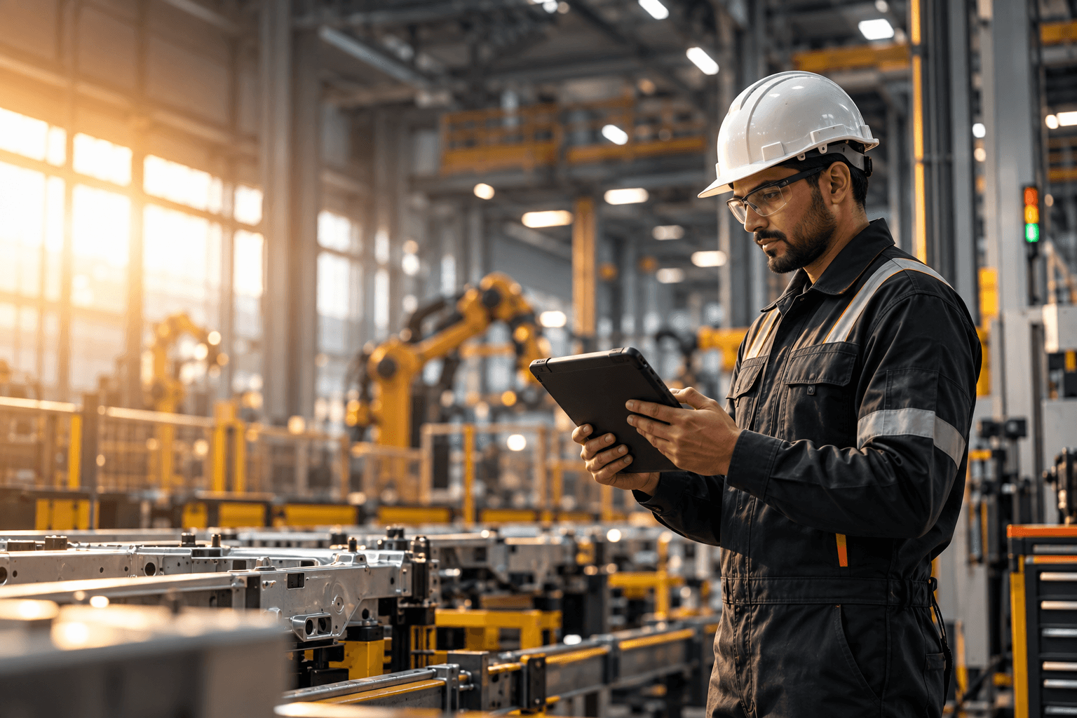 Frontline worker reviewing a digital training module on a rugged tablet on a manufacturing floor