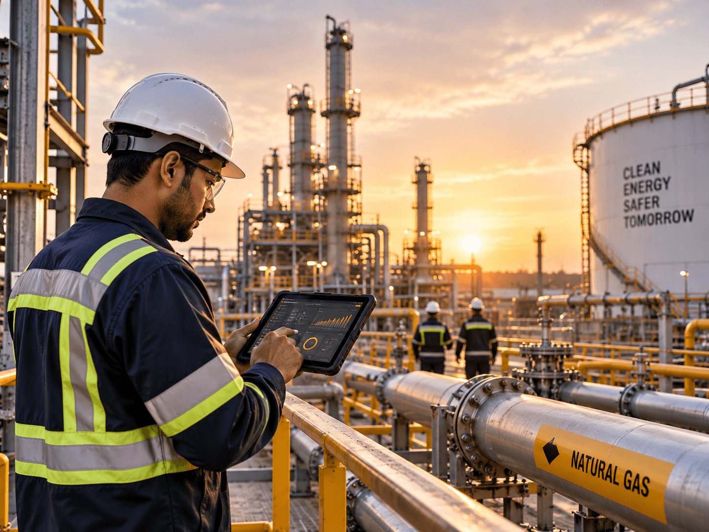 Technician inspecting equipment at a utility substation