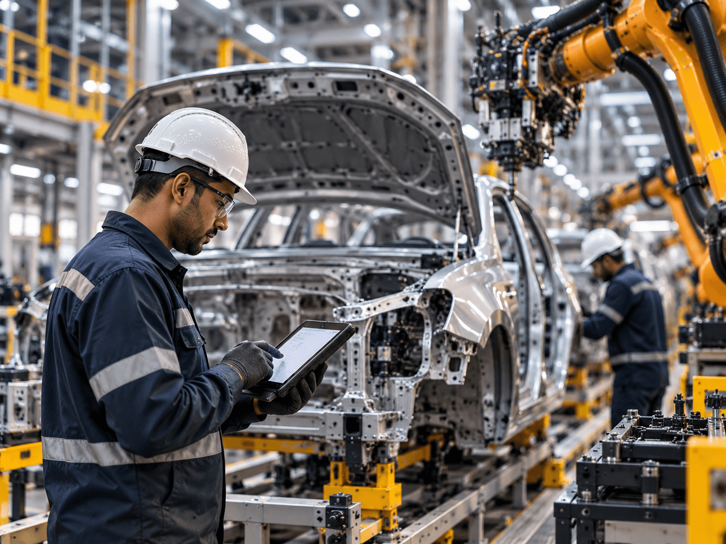 Operator monitoring an automated assembly line